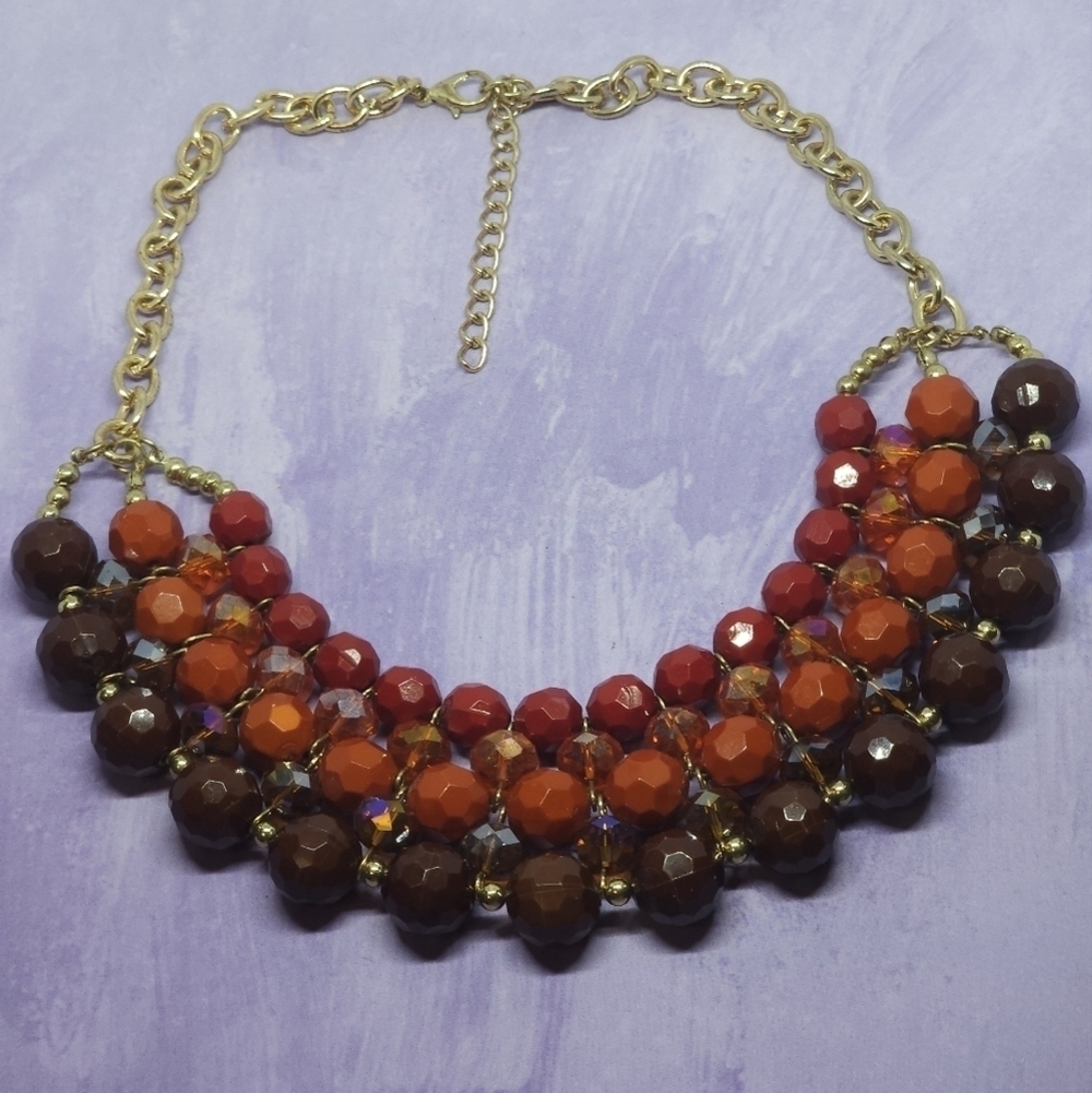 Gold Tone Red Orange Amber Brown 5 Row Beaded Bib Choker